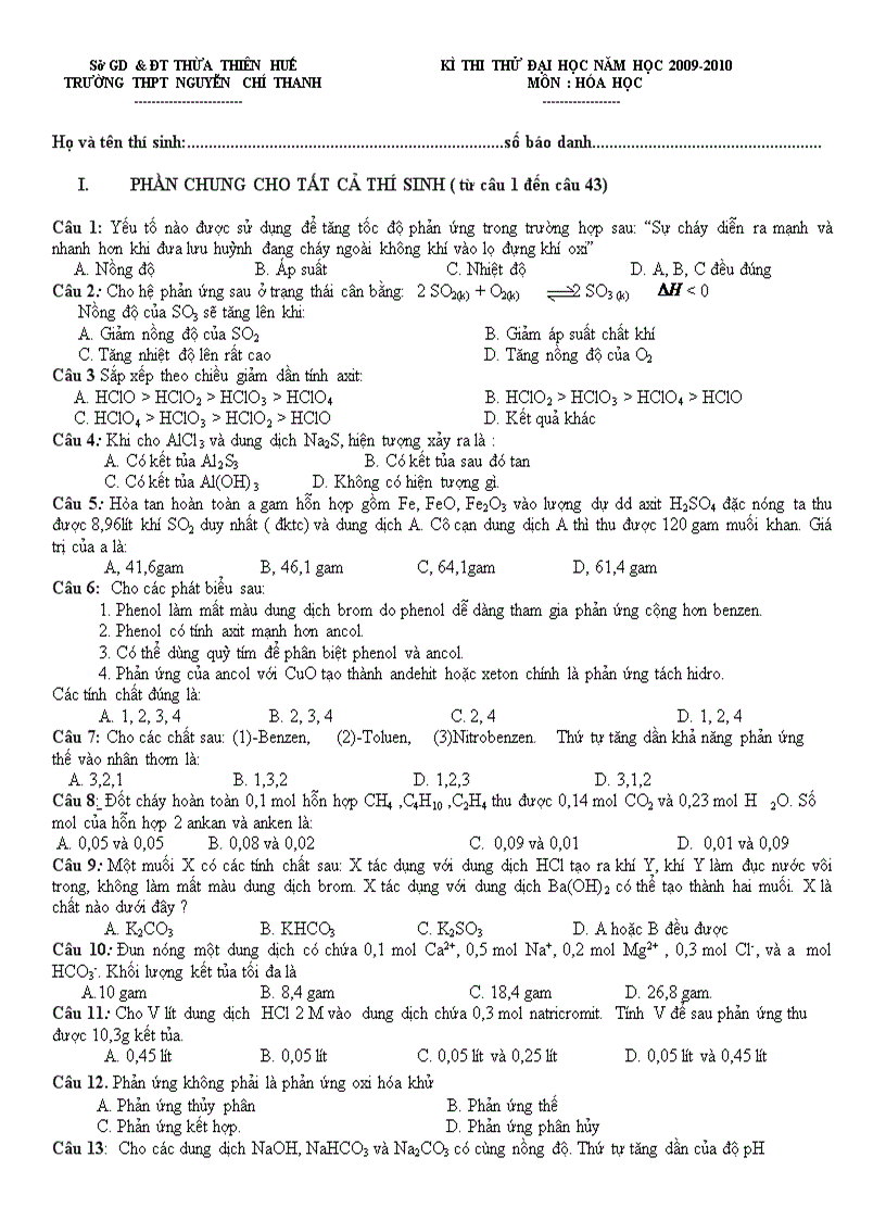 Đề thi thử đại học trường thpt nct thừa thiên huế