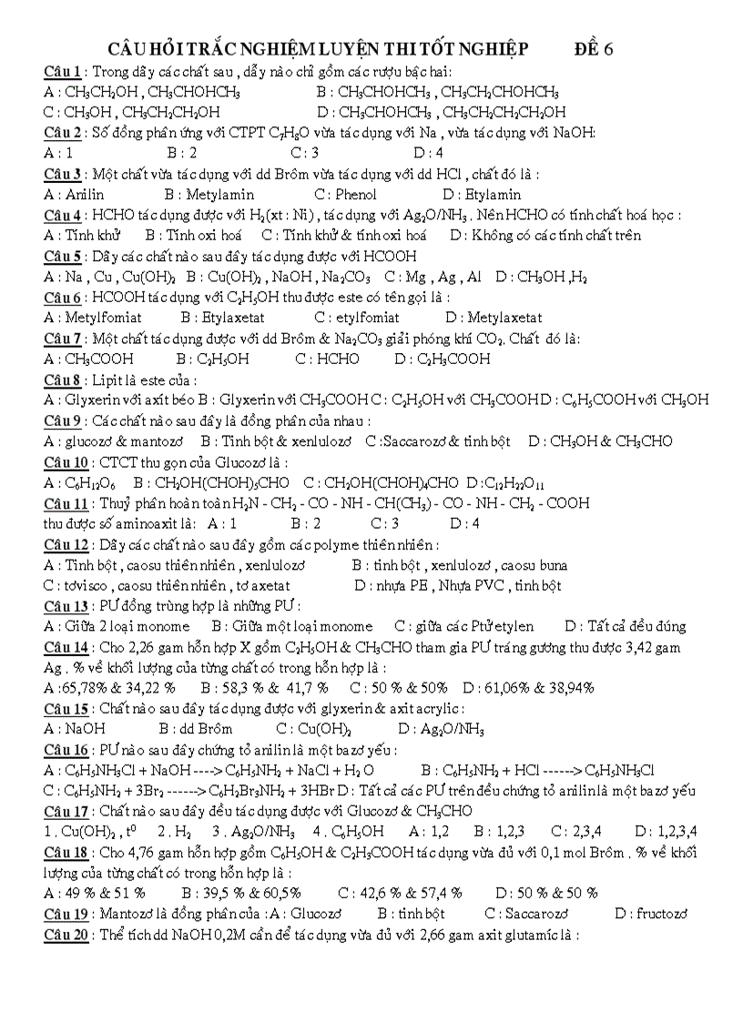 Câu Hỏi Trắc Nghiệm Luyện Thi Tốt Nghiệp ĐÊ 6