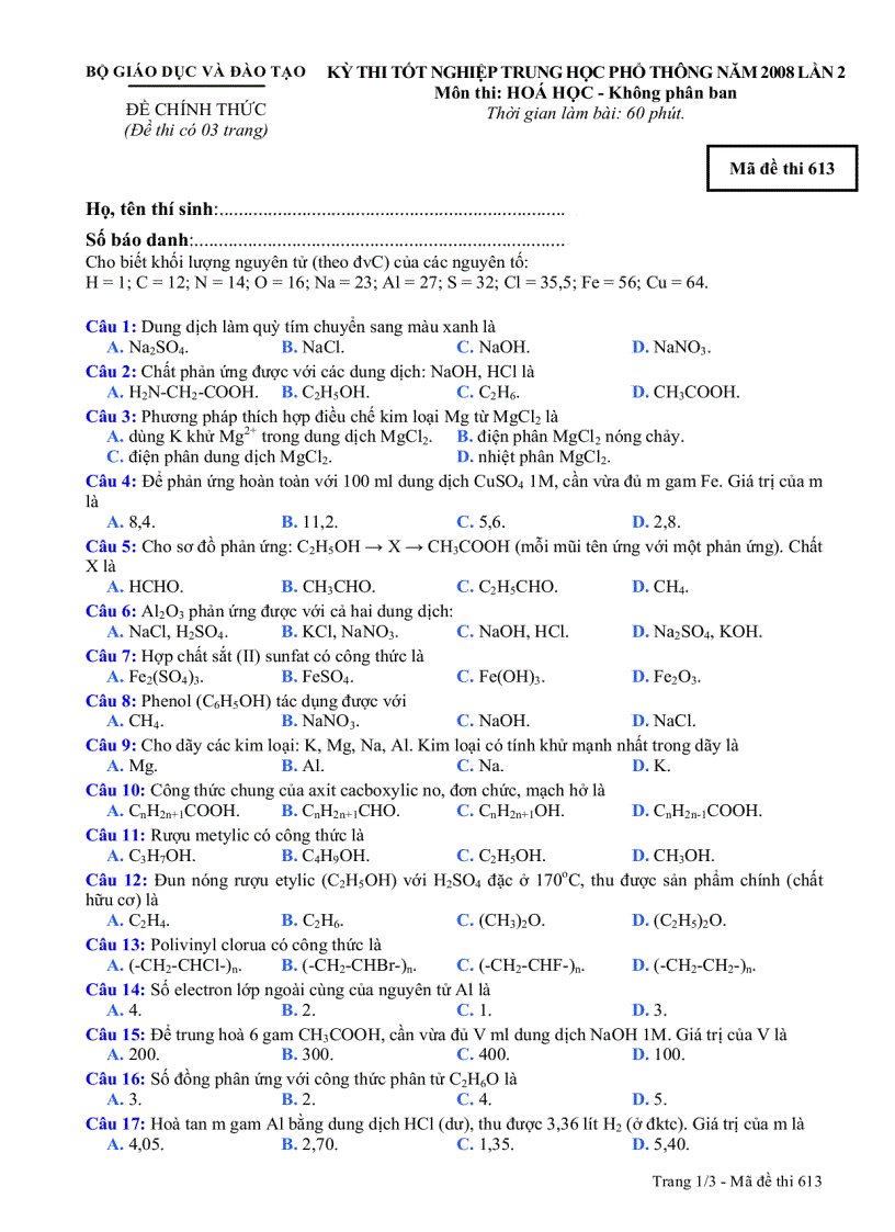 Đề Hóa TN kpb 613