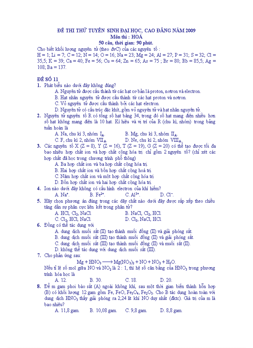 Đề thi thử đh 2009 mã 11 đáp án