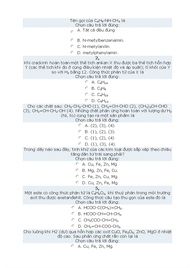 Bài Tập Trắc nghiệm hoá 12