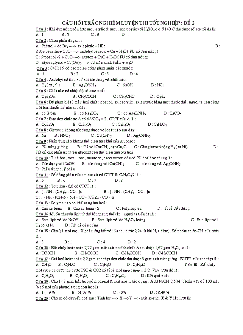Câu Hỏi Trắc Nghiệm Luyện Thi Tốt Nghiệp ĐÊ 2