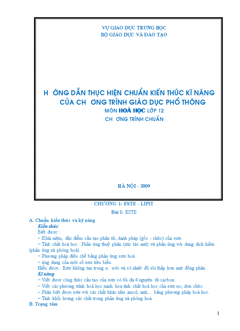 Chuẩn kiến thức kỹ năng Hóa 12