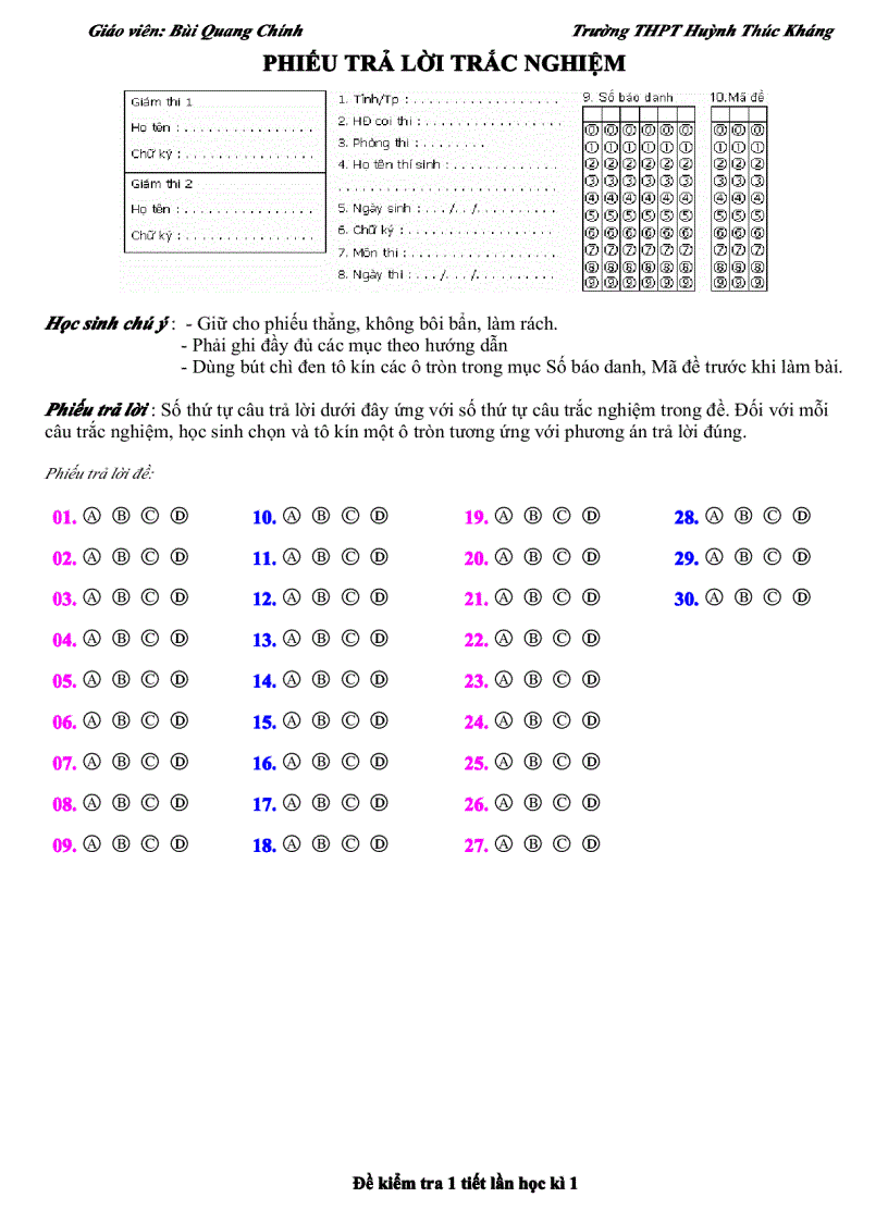 Đề 1 tiết TN lần 2 học kì 1