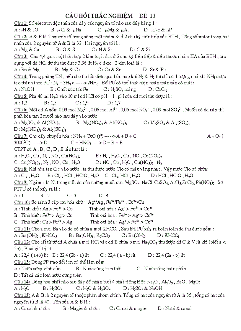 Câu Hỏi Trắc Nghiệm Luyện Thi Đại Học Đề 13