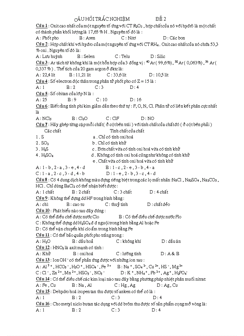 Câu Hỏi Trắc Nghiệm Luyện Thi Đại Học Đề 2