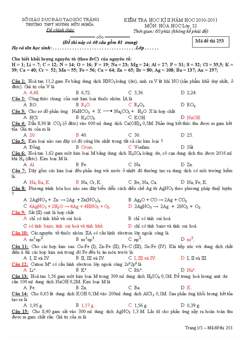 Đề thi hkii môn hóa k12 2010 2011
