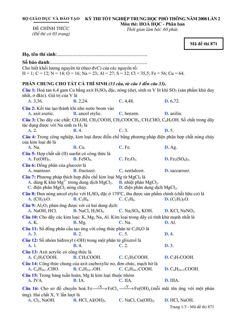 Đề tham khảo TN Hóa 871