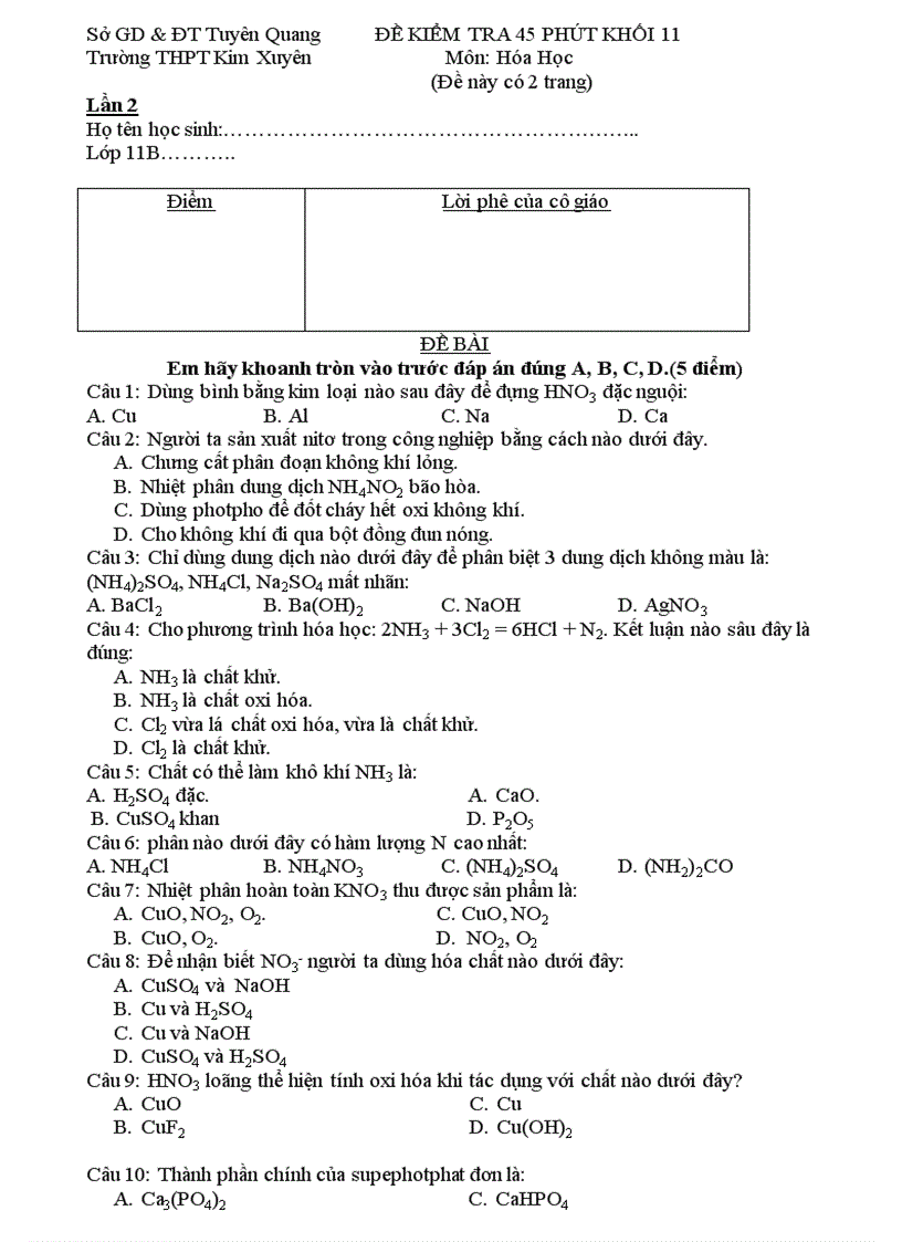 Đề kt 45 phút khối 11 lần 2