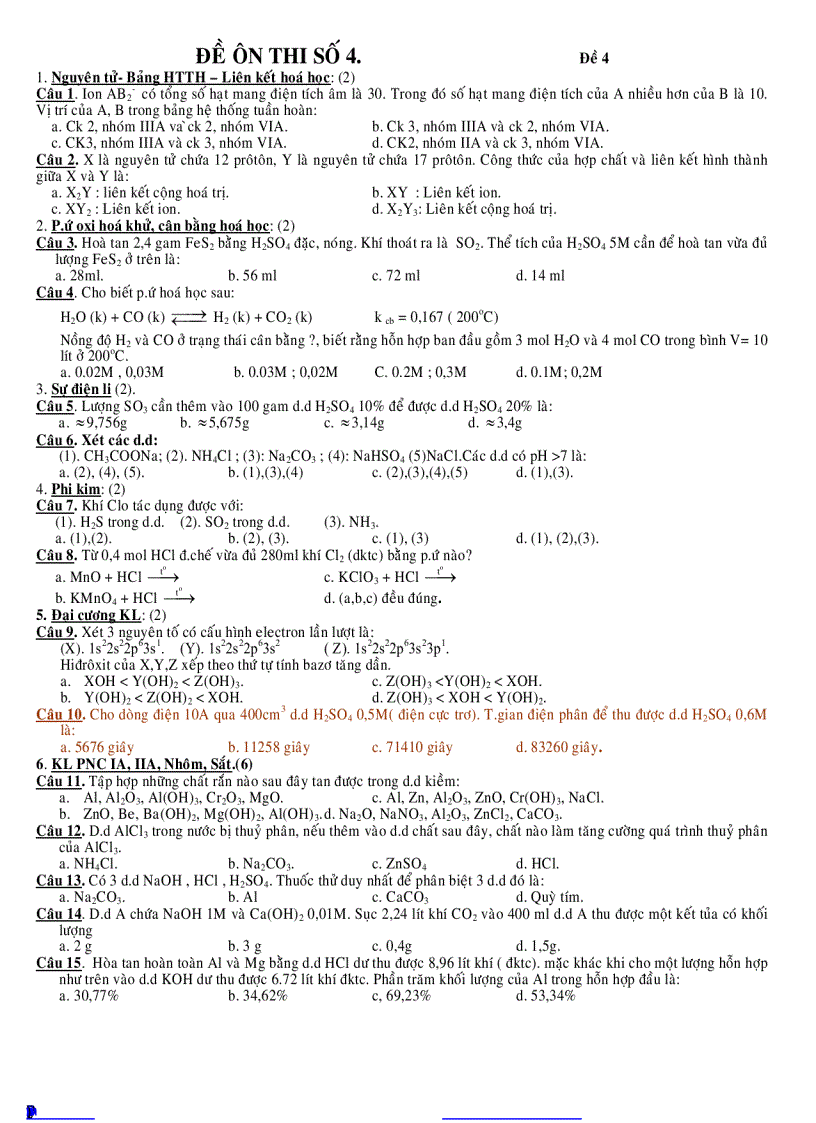 Đề hay Đại học Hóa số 4