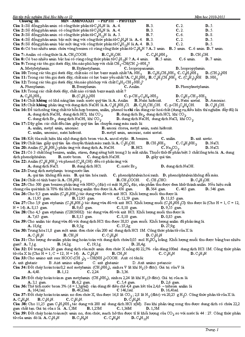 Bài tập trắc nghiệm hóa học ôn thi tốt nghiệp 2011
