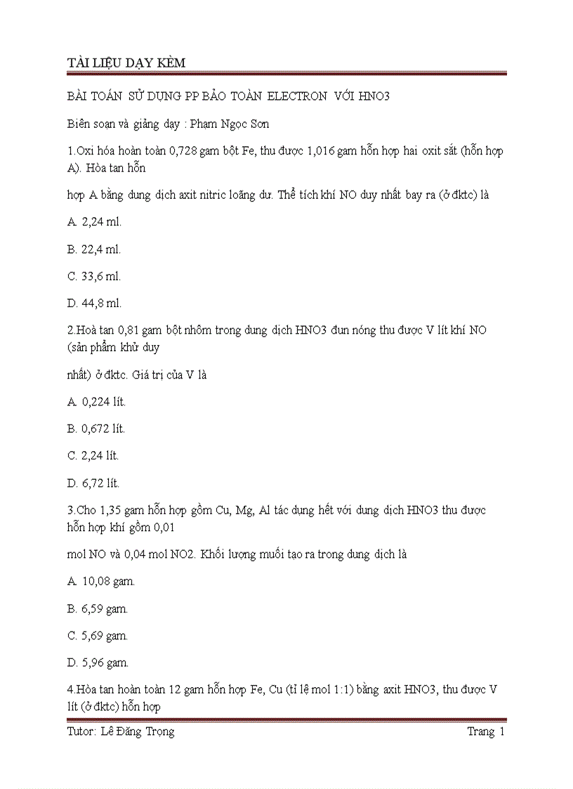 Bài toán bảo toàn eletron với HNO3