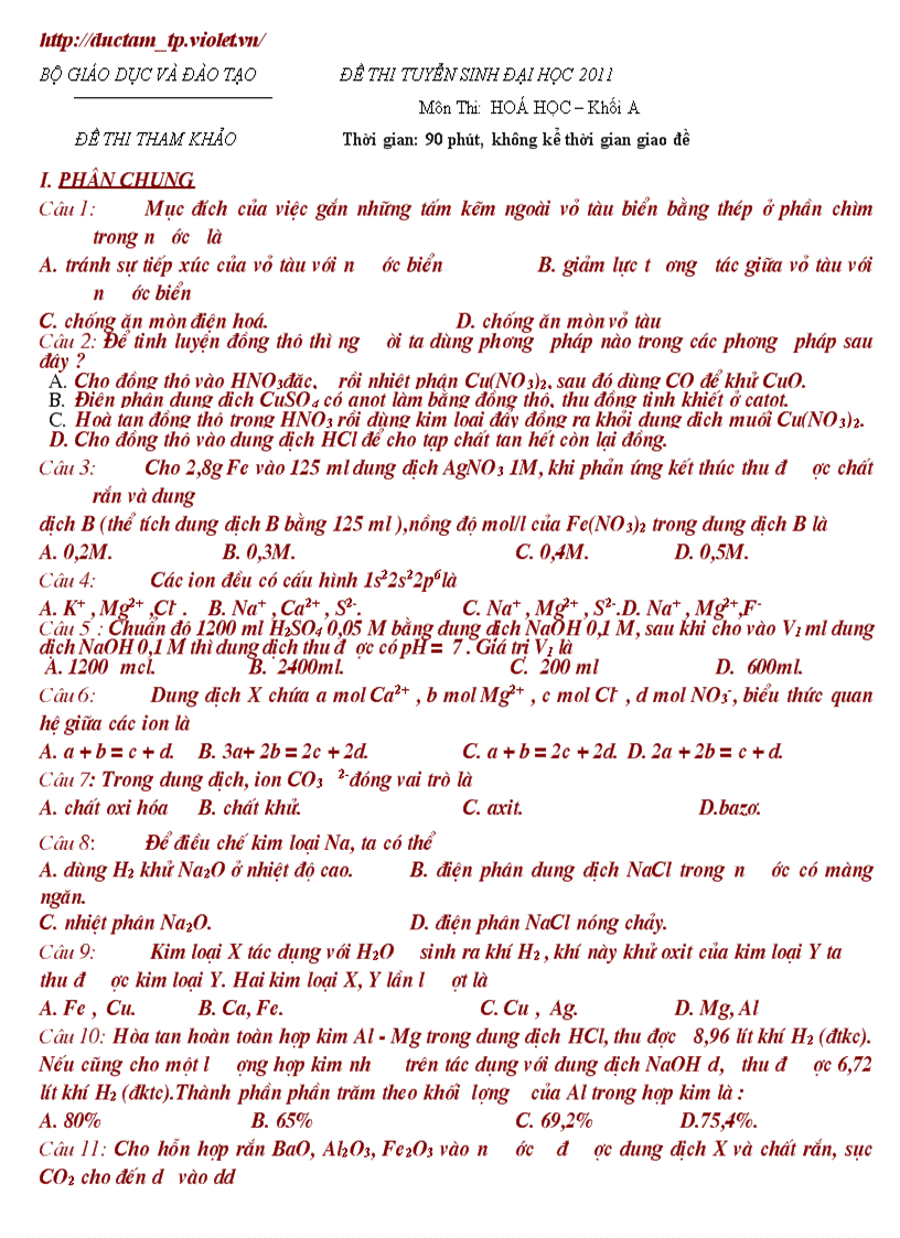 Đề thi thử đh hóa 2011 số 3