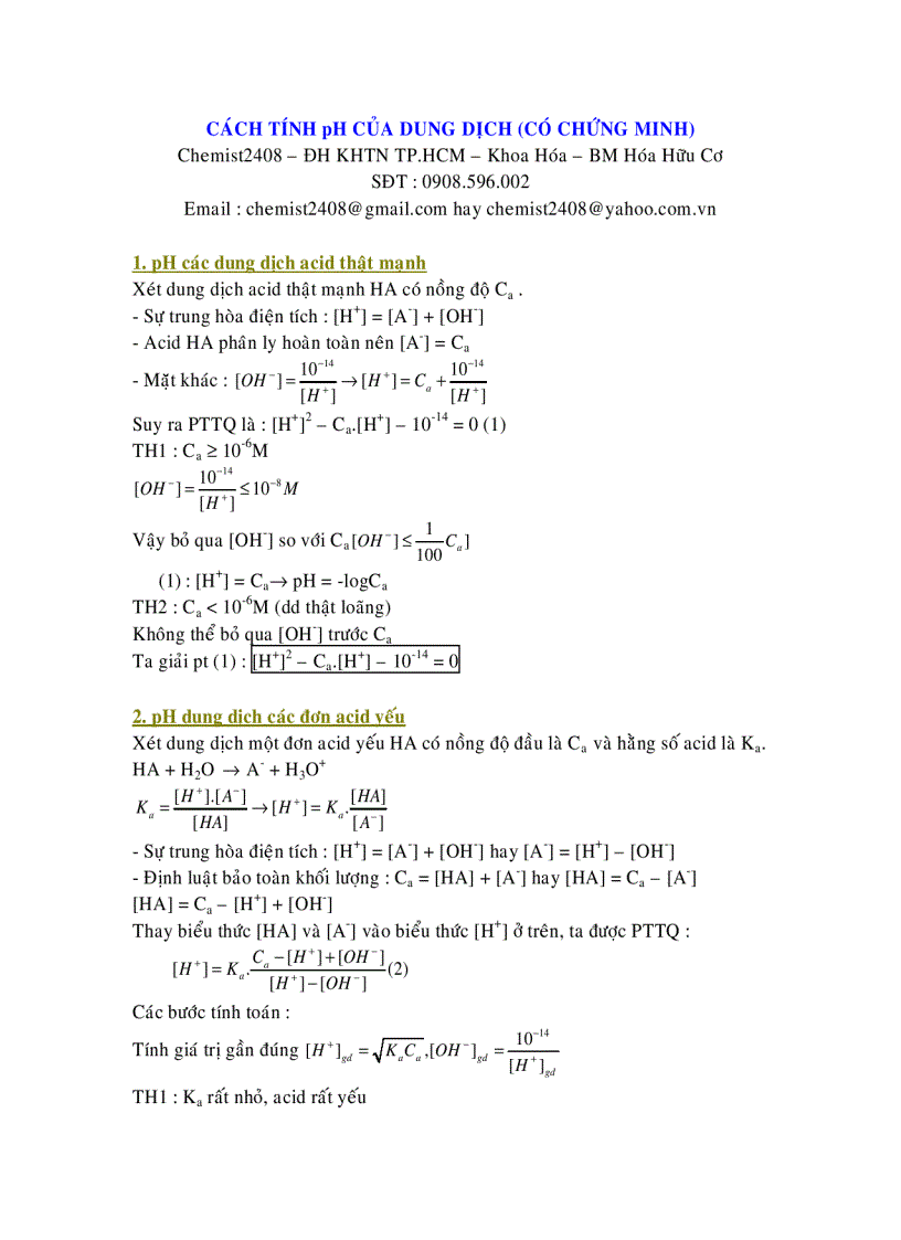 Các công thức tính pH dung dịch
