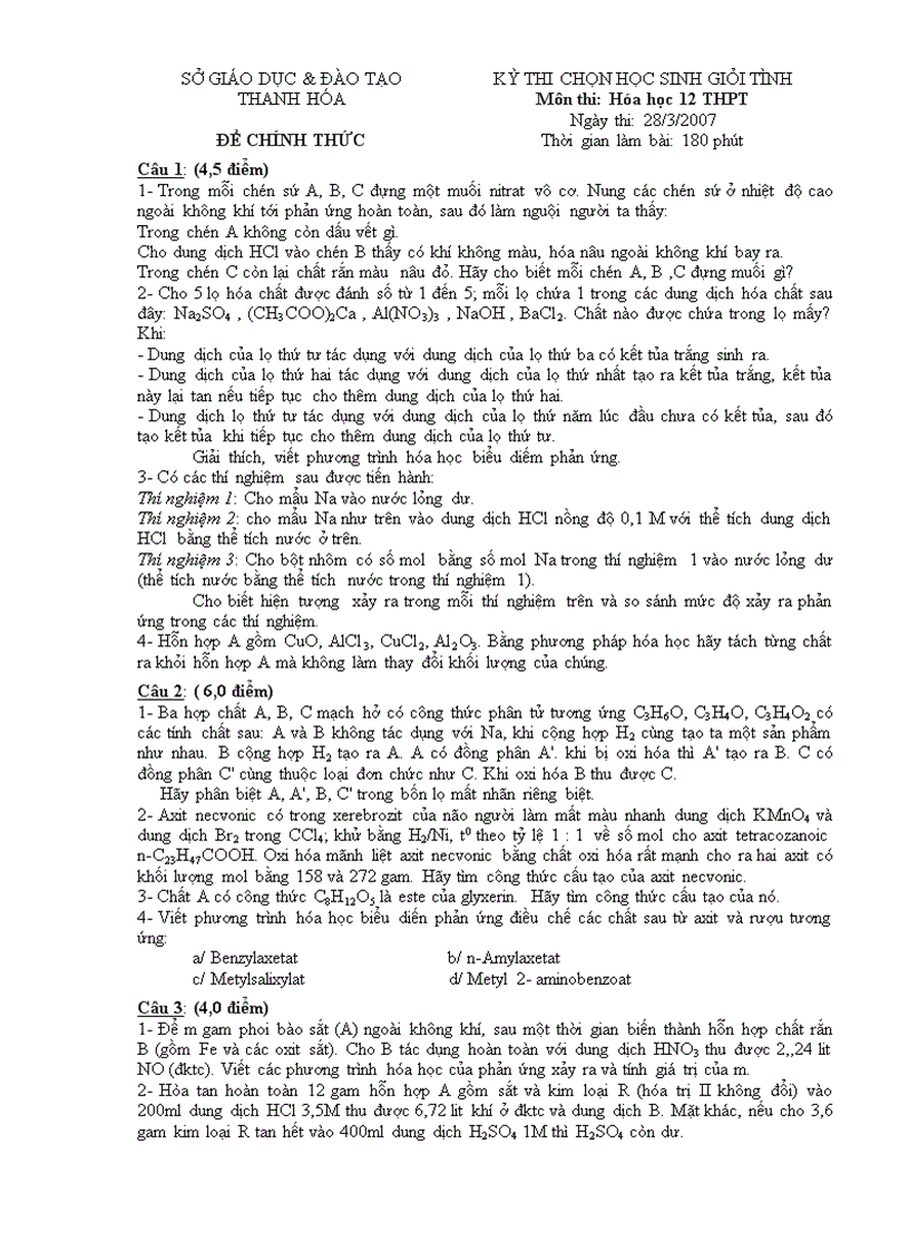 Đề thi HSG Hóa 12 Thanh Hóa 2006 2007