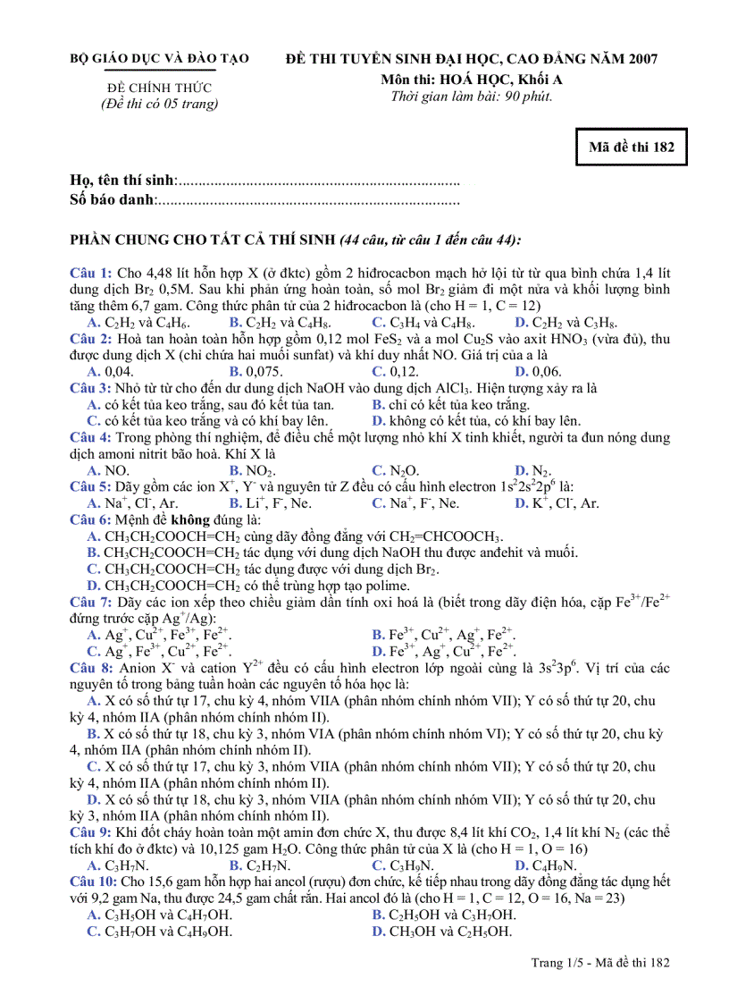 Đề Hóa A 2007
