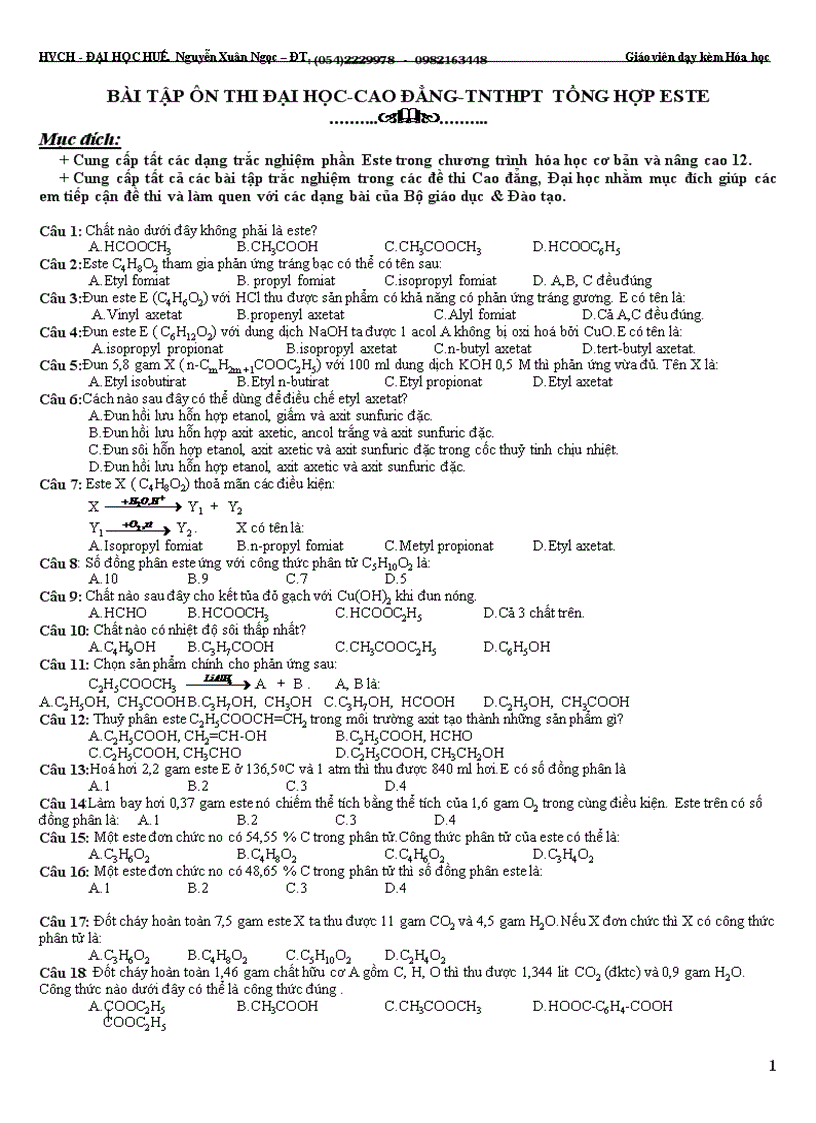 Bài tập ôn thi đại học cao đẳng tnthpt tổng hợp este