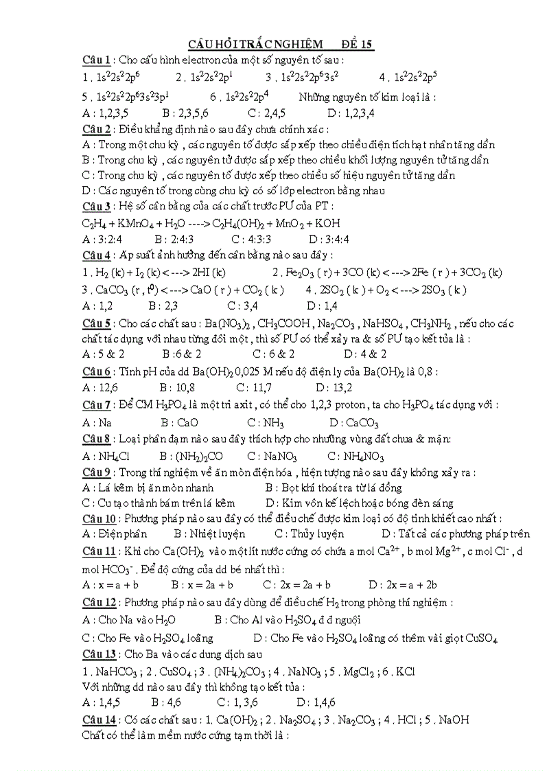 Câu Hỏi Trắc Nghiệm Luyện Thi Đại Học Đề 15