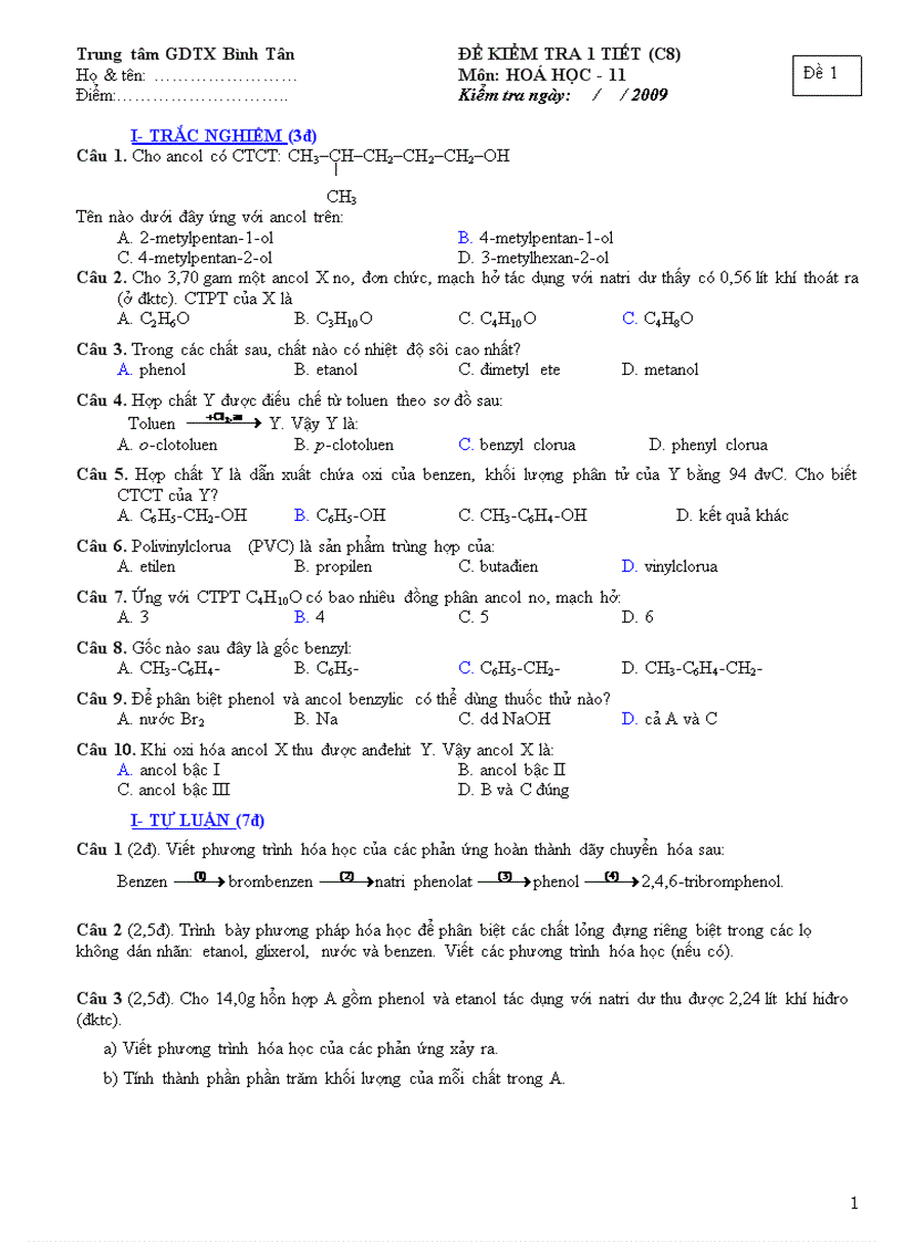 Đề kiểm tra ĐA C8 hóa 11 gdtx