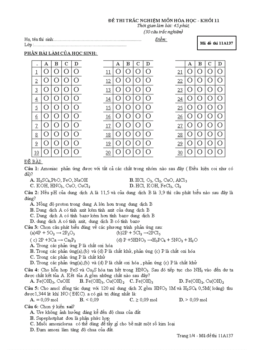 Đề mẫu HK I Hóa 11 10