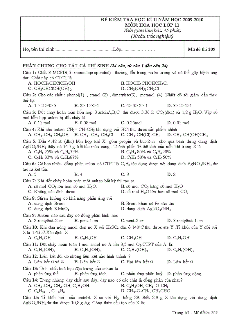 Thi thử HK II Hóa 11 số 1