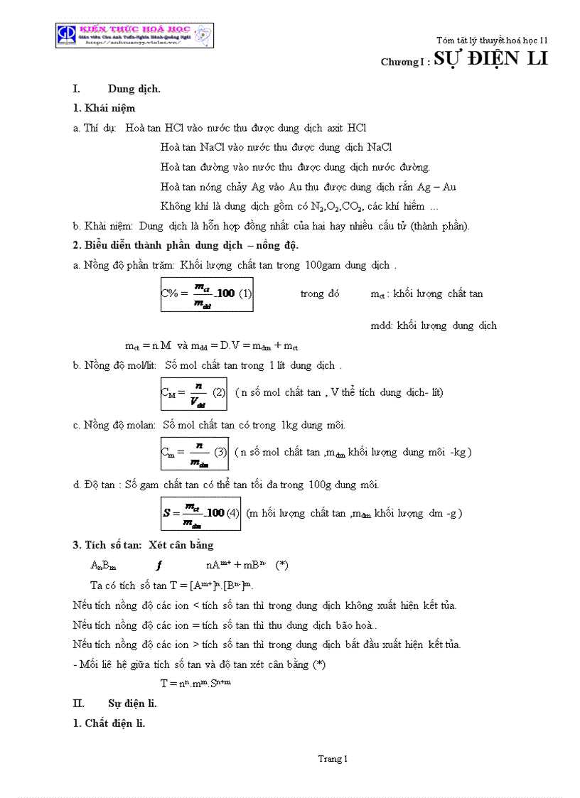 Tóm tắt lý thuyết Hóa học lớp 11