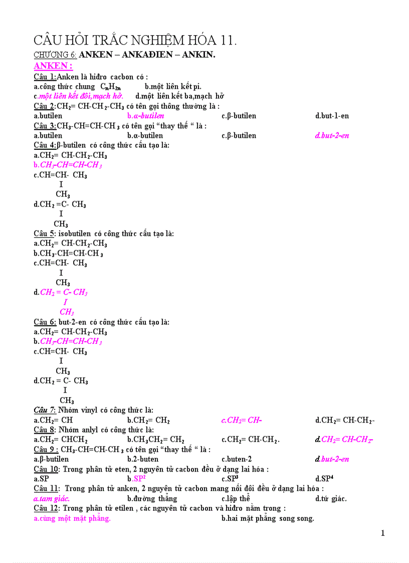 Trắc nghiệm hoá học 11 1