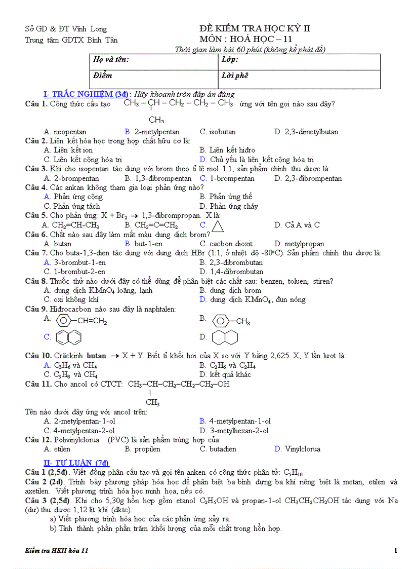 Đề thi HKII ĐA hóa 11