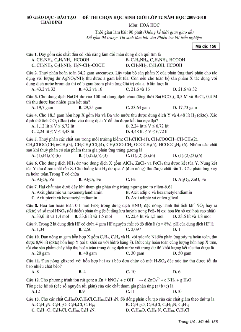 Đề thi học sinh giỏi tỉnh thái bình