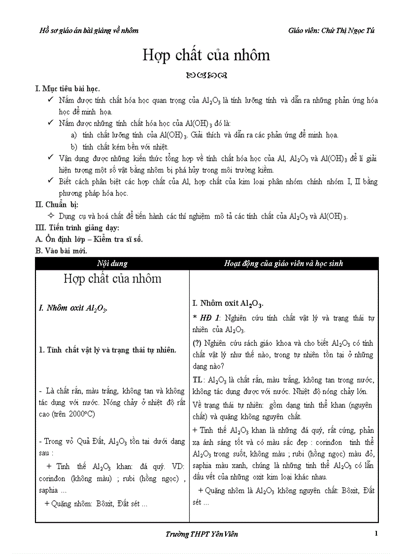 Giáo án bài hợp chất của Nhôm
