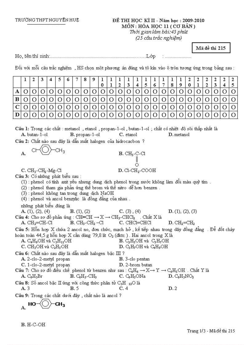 Đề KT HK II 2010 Hóa 11 số 3
