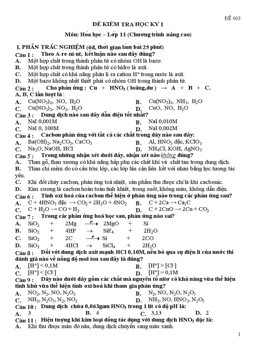 Đề HD Hóa 11 Kỳ I số 9