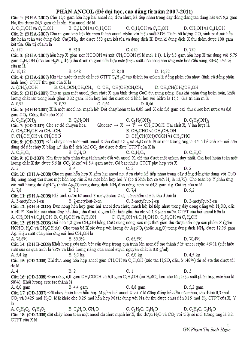 Đề ĐH CĐ 2007 2011 Phần Ancol