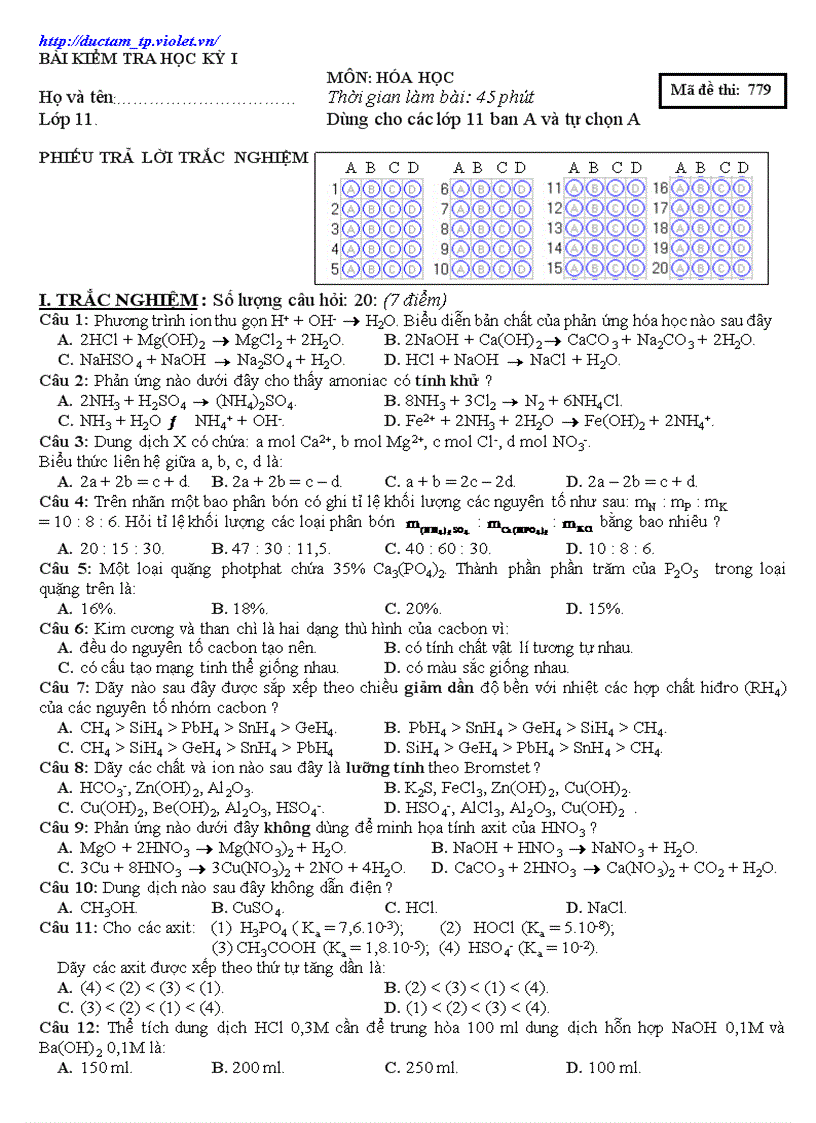 Tham khảo Hóa 11 HK I 1