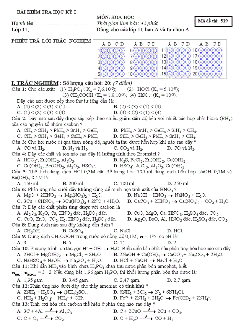 Đề mẫu HK I Hóa 11 6