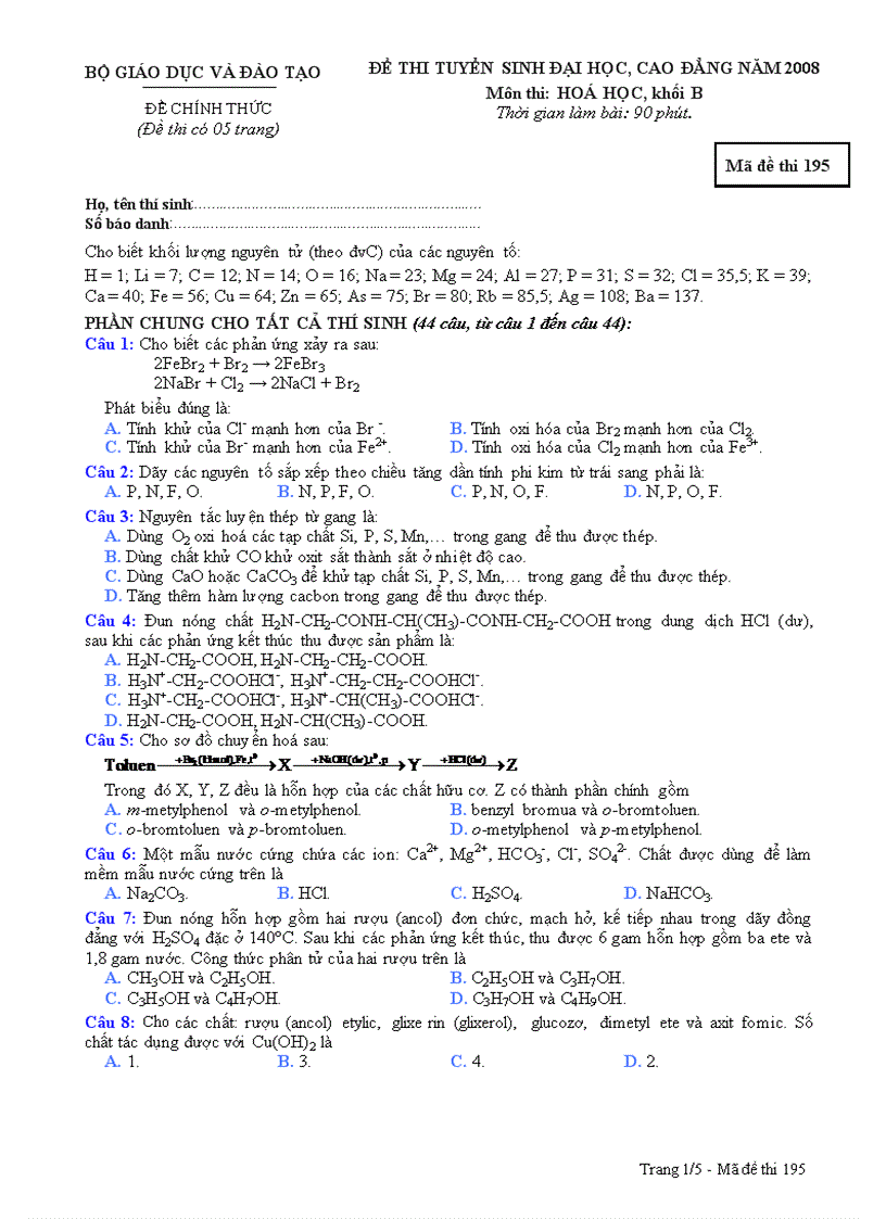 Đề Và Đáp Án Hóa Khói B Nhanh Mà Xem