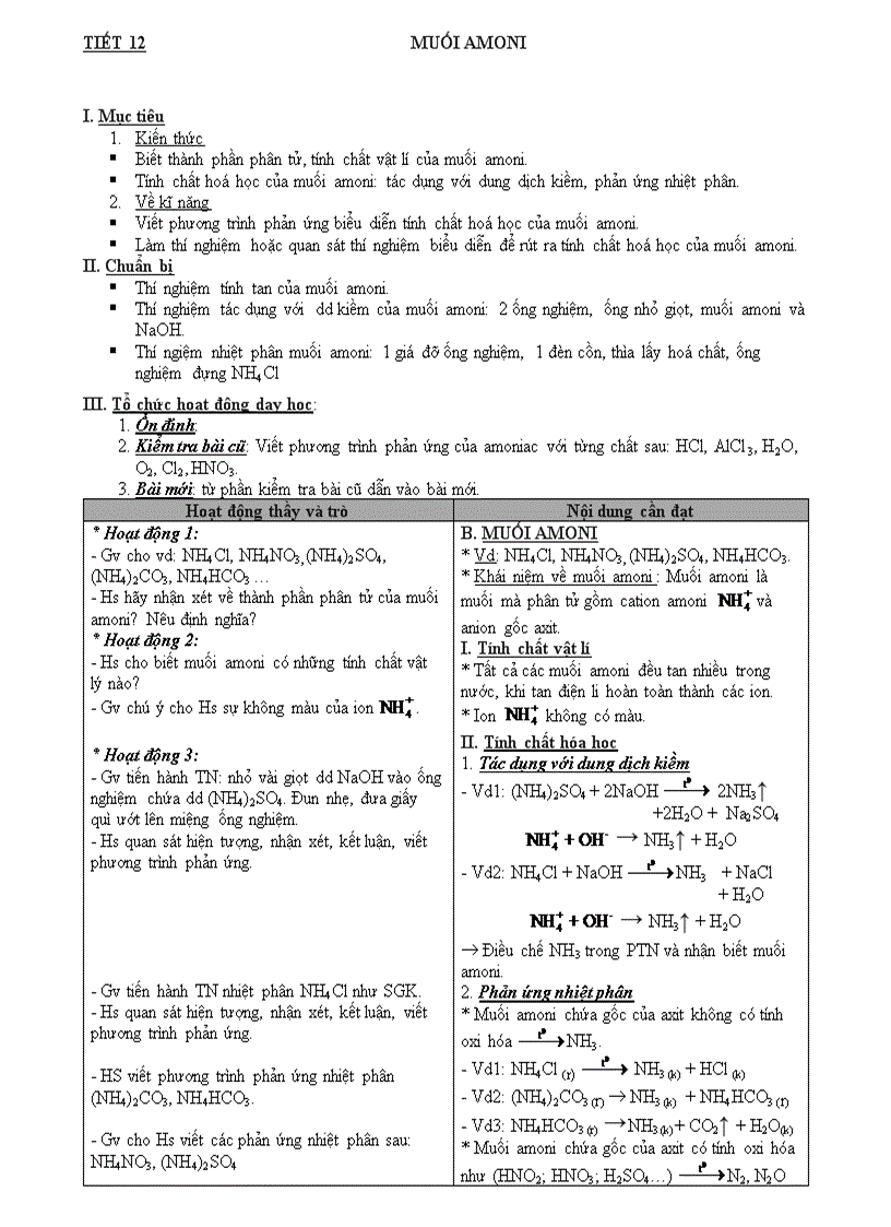 Tiết 12 muối amoni Ban cơ bản