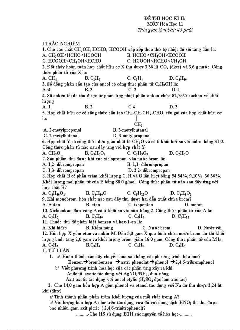 Đề KT Hoá 11 HK II 5