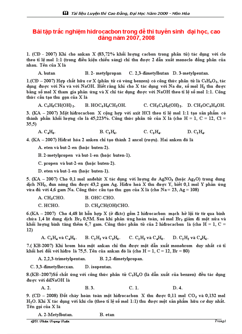 Tn hidrocacbon trong đề thi năm 2007 2008
