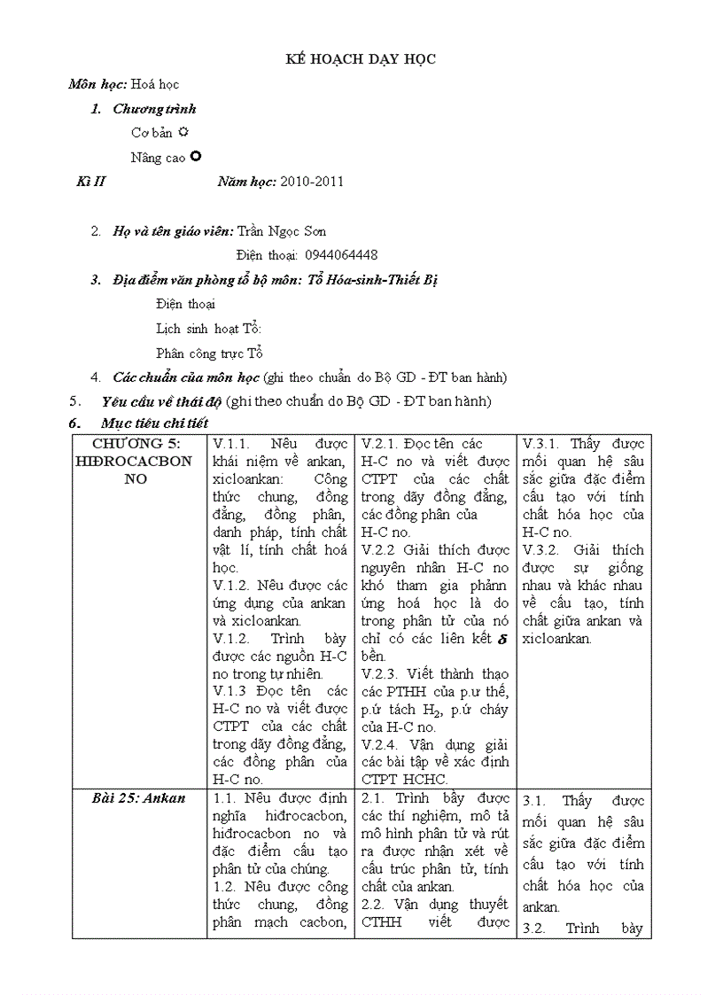 Kế hoạch dạy học lớp 11