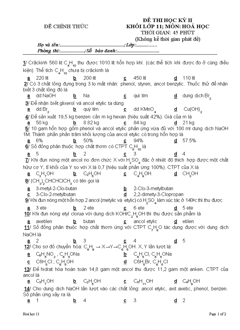 Đề KT Hoá 11 HK II 3