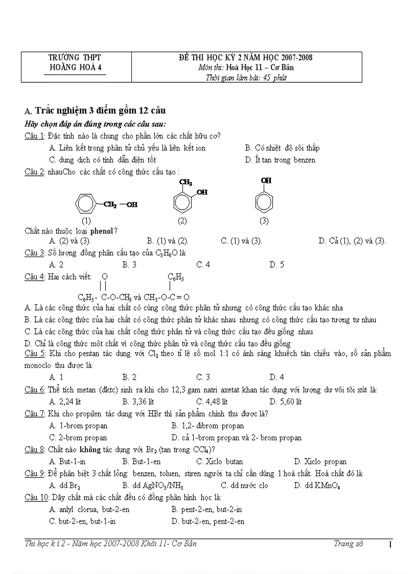 Thi học ky 2 khối 11 cơ bản