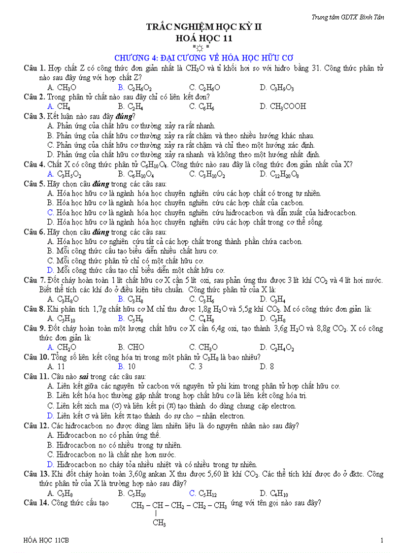 Trắc nghiệm hóa 11 HKII ĐA gdtx