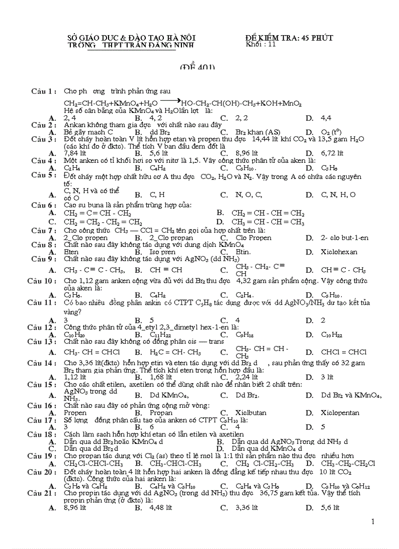 Đề thi chương hidrocacbon co dap án