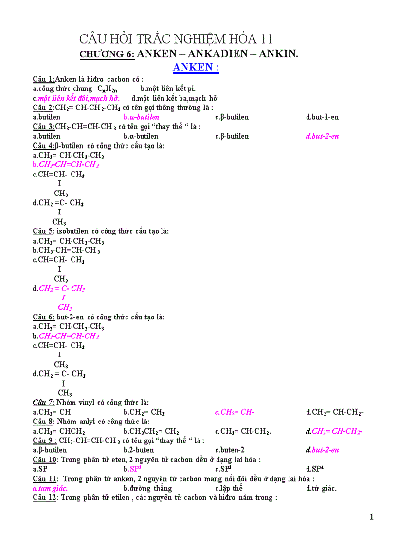 Trắc nghiệm Hóa 11 phần Ankin Anken Ankađien