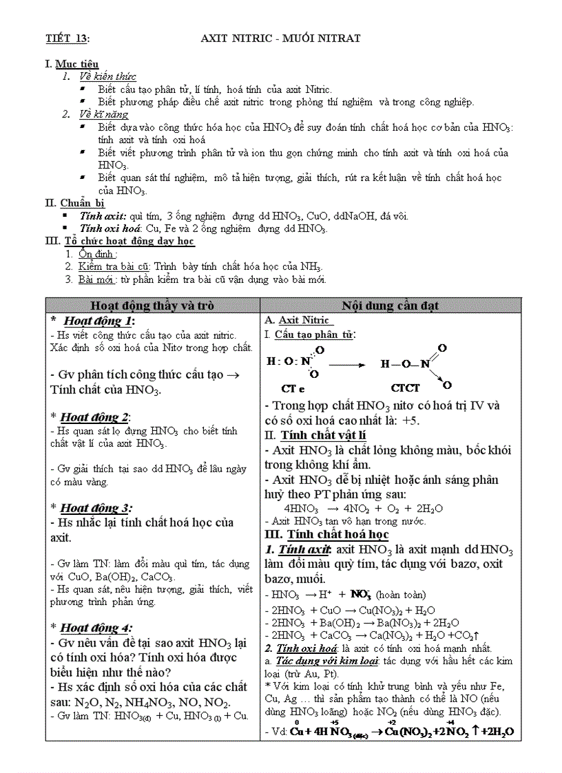Tiết 13 axit nitric muối nitrat ban cơ bản