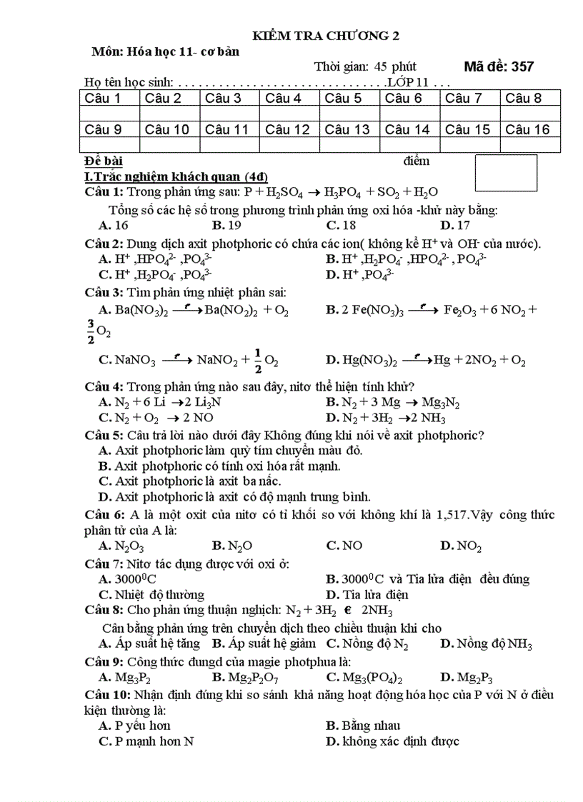 Kiem tra hoa hoc 11 chương 2 cơ bản