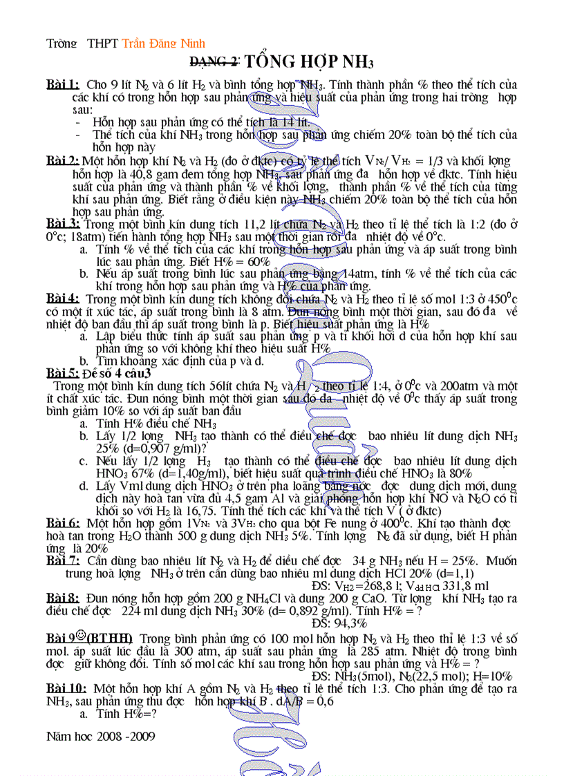 Tổng hợp các bài tập về điều chế NH3