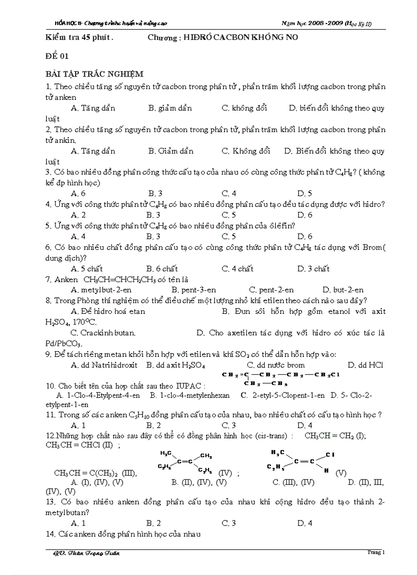 KT 1 tiết Hidrocacbon khongno 2 đề