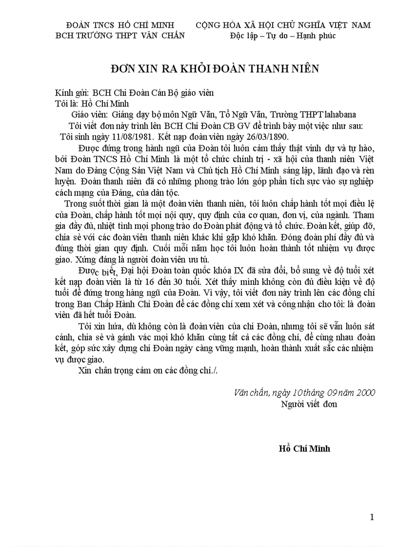 Đơn xin ra khỏi đoàn tncs hcm